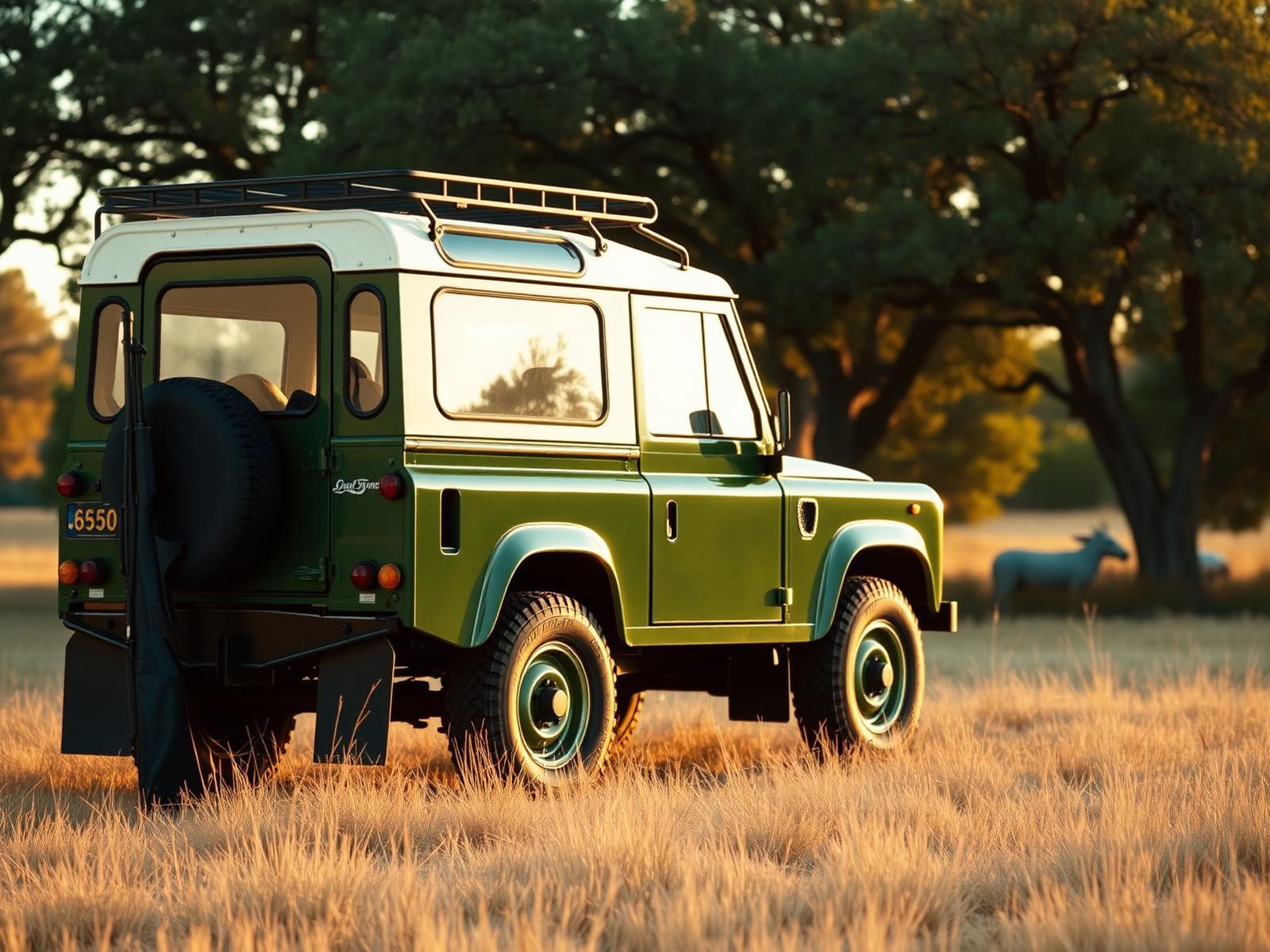 Classic British Racing Green Defender 90 on a Texas hunting ranch at golden hour