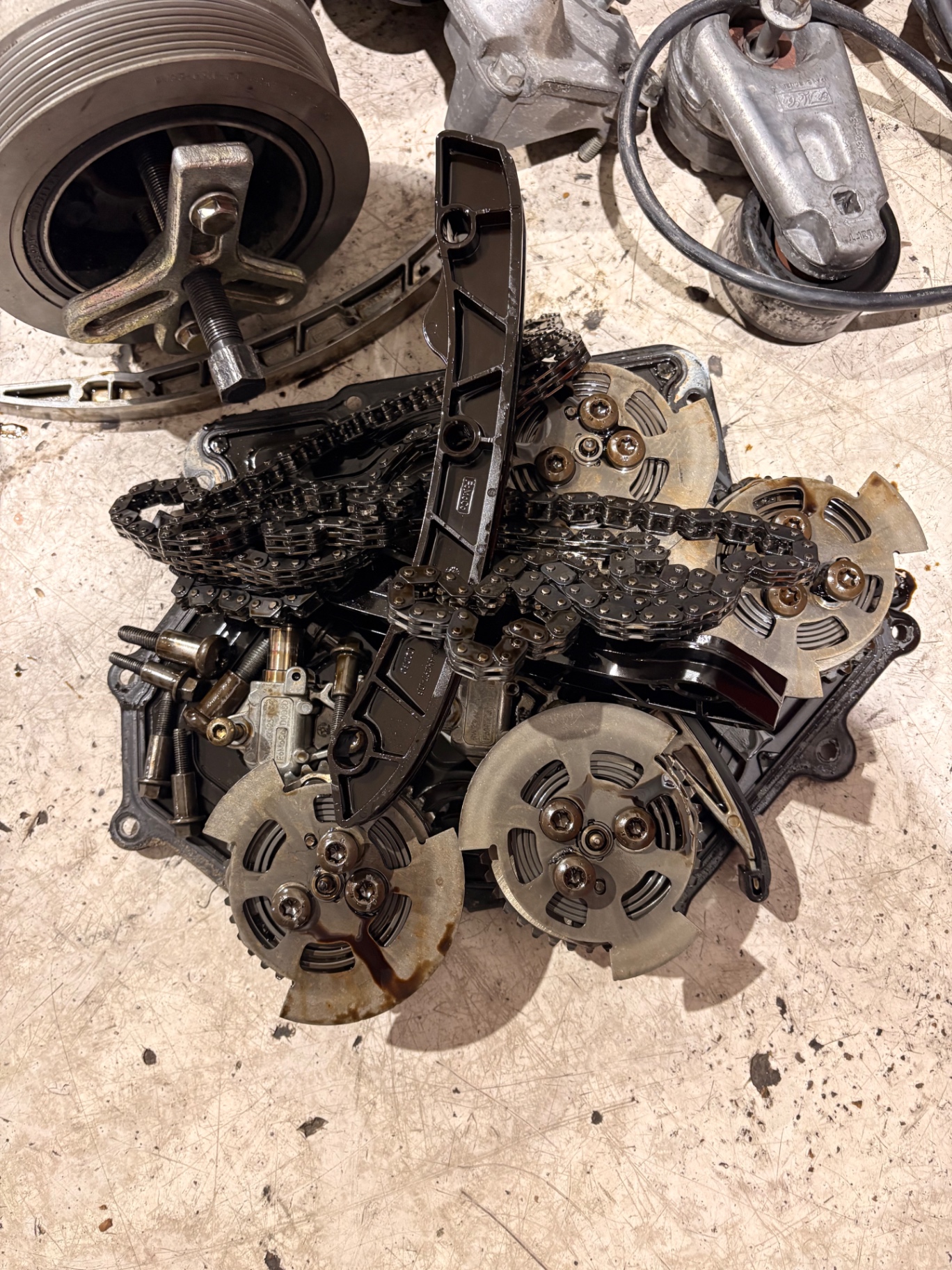 Full set of timing chains, guides, and cam sprockets from a V8 timing job