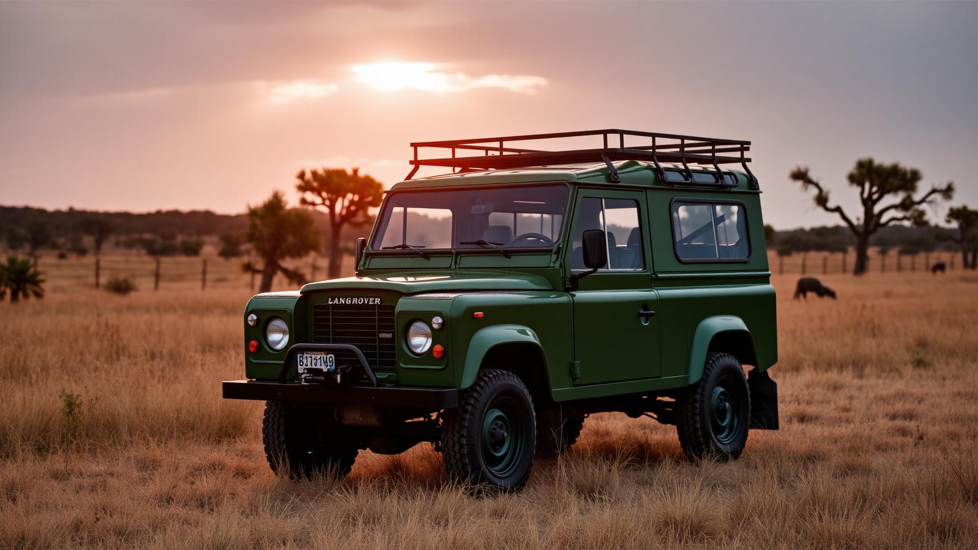 Classic British Racing Green Land Rover Defender on a Texas hunting ranch at sunset