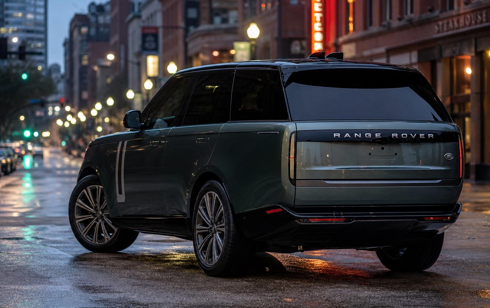 New body-style full-size Land Rover in Belgravia Green on a downtown Fort Worth street