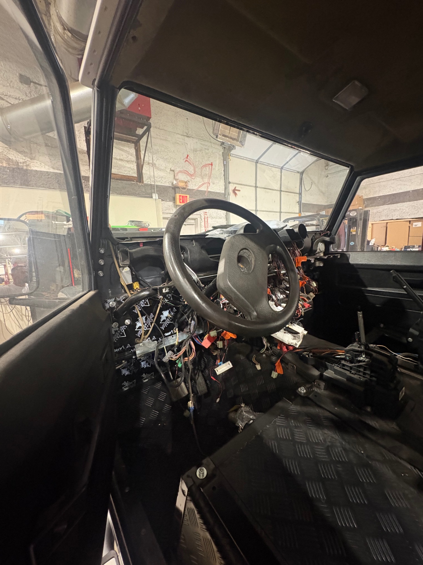 Stripped Defender interior during restoration