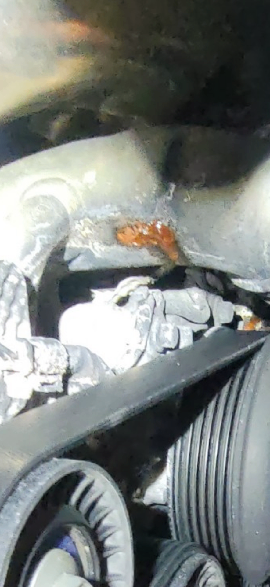 Close-up of a coolant leak weeping from a Land Rover engine seam