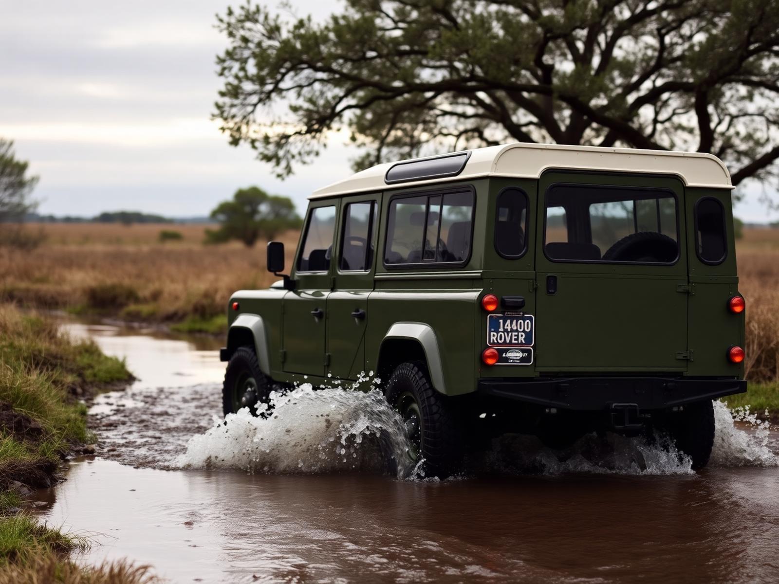 Olive green Defender 110 fording a creek on a Texas hunting lease