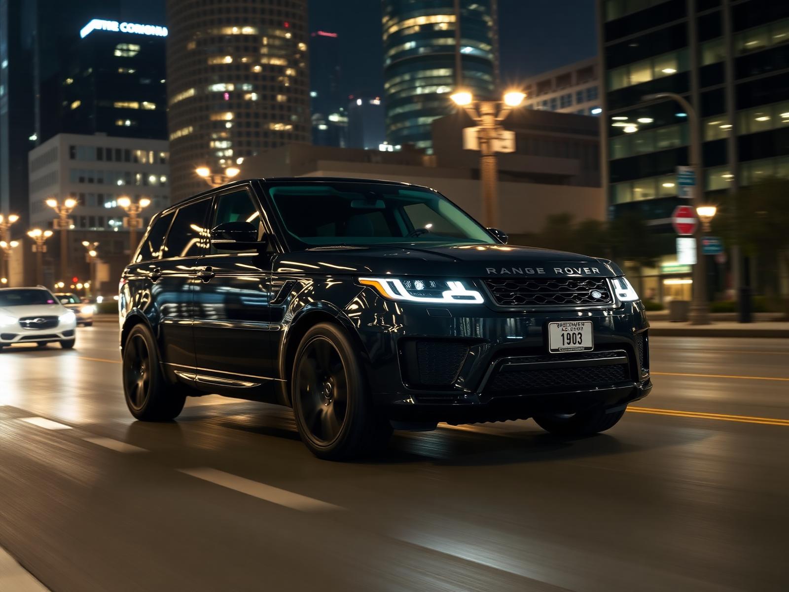 New Land Rover Sport driving through downtown Fort Worth at night