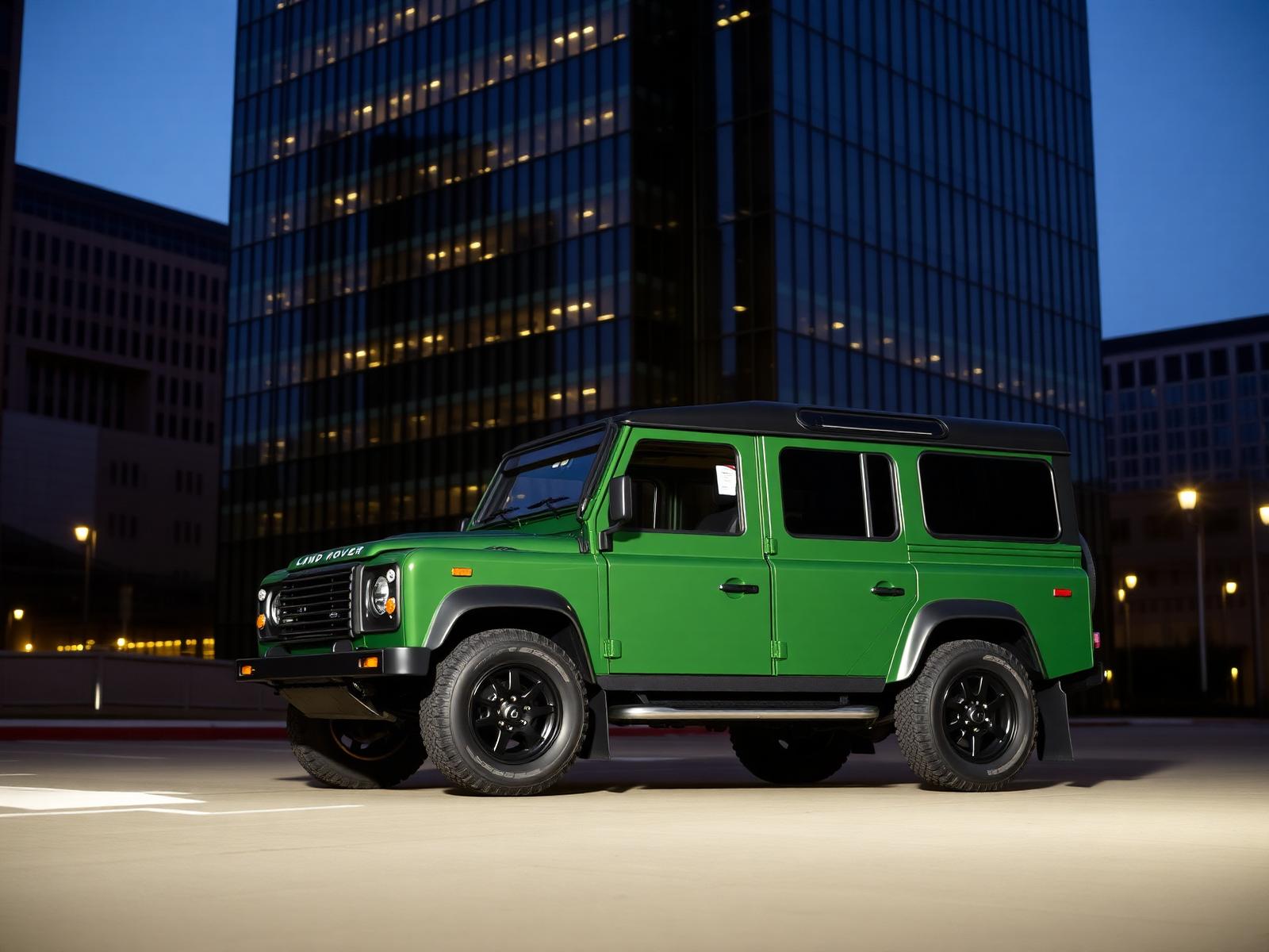 New Land Rover Defender 110 in British Racing Green in downtown Fort Worth