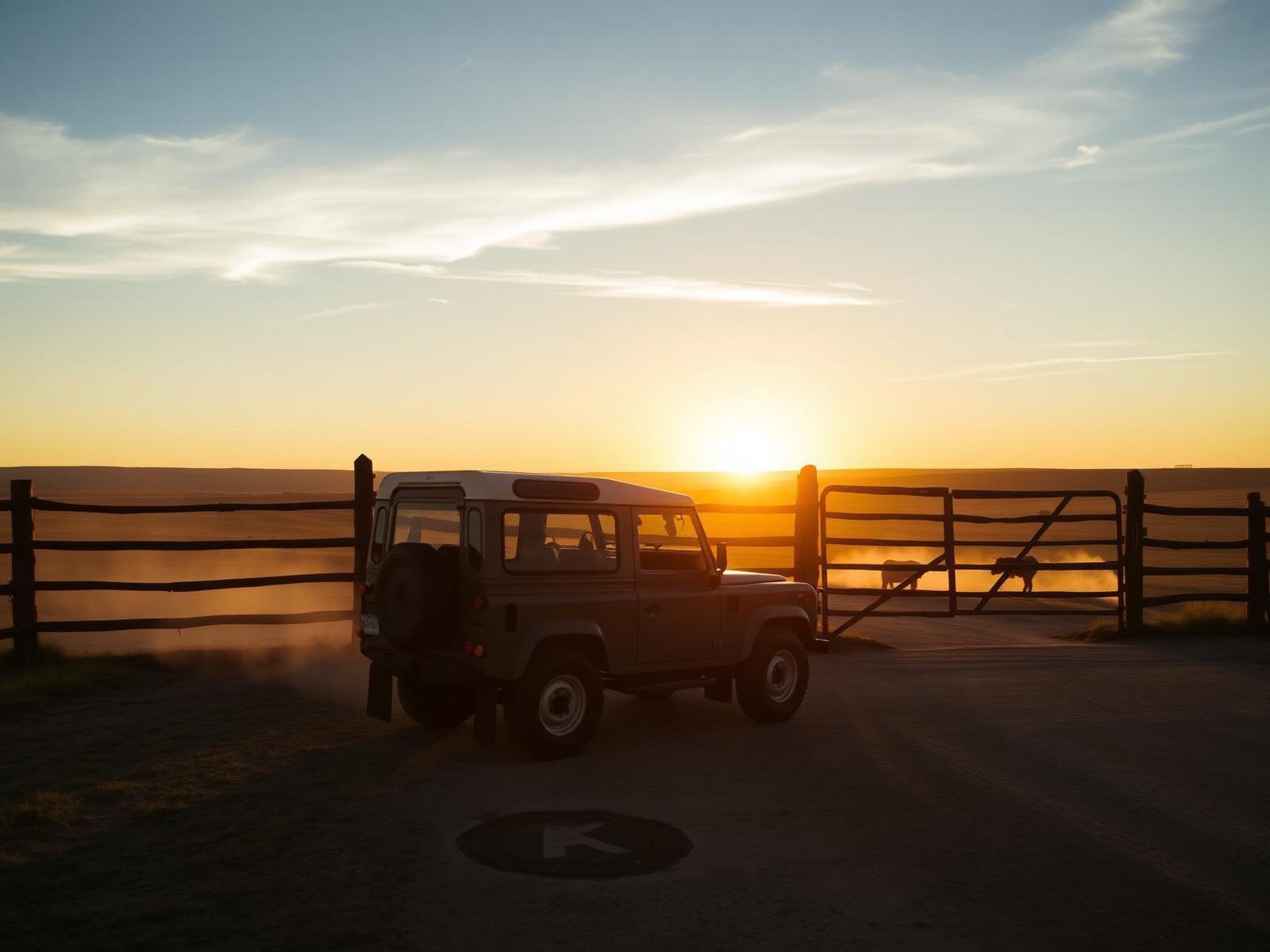Classic Defender 110 at a wooden ranch gate at sunset in Texas hill country